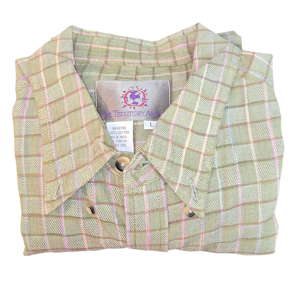The Territory Ahead Green Plaid Long-Sleeve Button-Up Shirt Size L Cotton CM2207